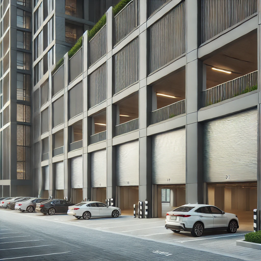 A row of car park roller shutters in a modern urban setting, each shutter is closed and painted in neutral tones like gray and beige.